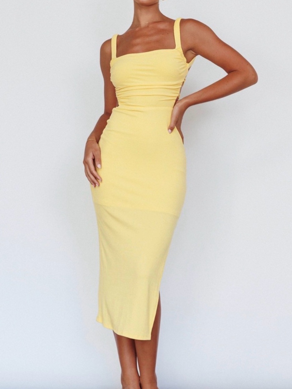Selfie Leslie Lemon Ribbed Square-Neck Midi Dress - Elegant Sleek Style